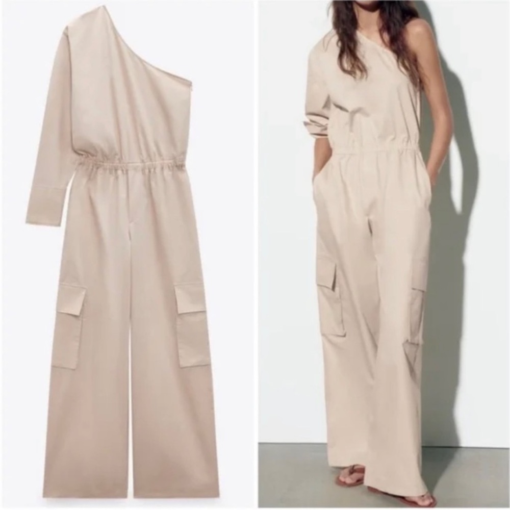 NWT Zara asymmetric one-shoulder cargo jumpsuit in beige/tan, L Blogger Favorite